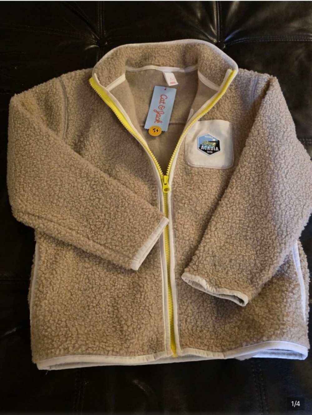 Cat & Jack Kids' Cream Sherpa Zip-Up Jacket with Yellow Trim